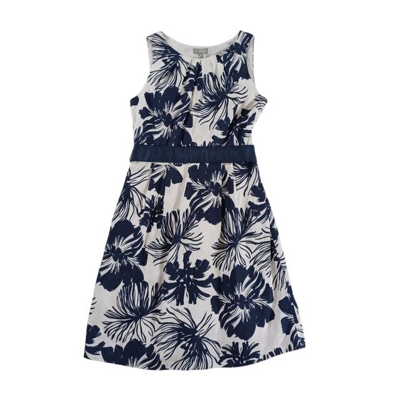 Per Una Floral Linen Dress Pure Linen Blue White Sleeveless Tropical Size 10 - Picture 1 of 14